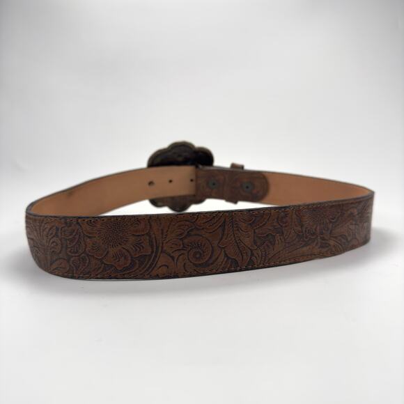 Vintage Leatherock Brown Handtooled Leather Flower Big Buckle Belt Size M - Picture 7 of 9